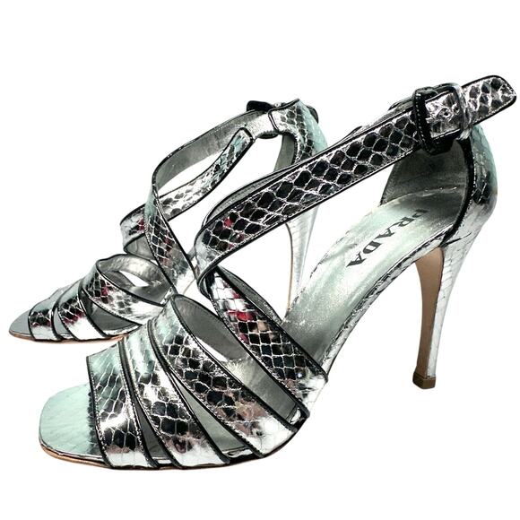 PRADA Silver Snakeskin Strappy Sandals Heels Size 38 (US 7.5) -Authenticated - Picture 1 of 16